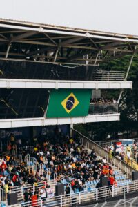 Crowds gather at a Brazilian Formula 1 event under the national flag, capturing sports excitement.