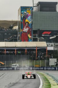 A thrilling Formula 1 scene at São Paulo's iconic circuit showcasing racing excitement.